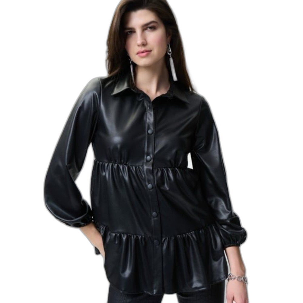 Joseph Ribkoff Tiered Black Faux Leather Button Up Top Women's 10
